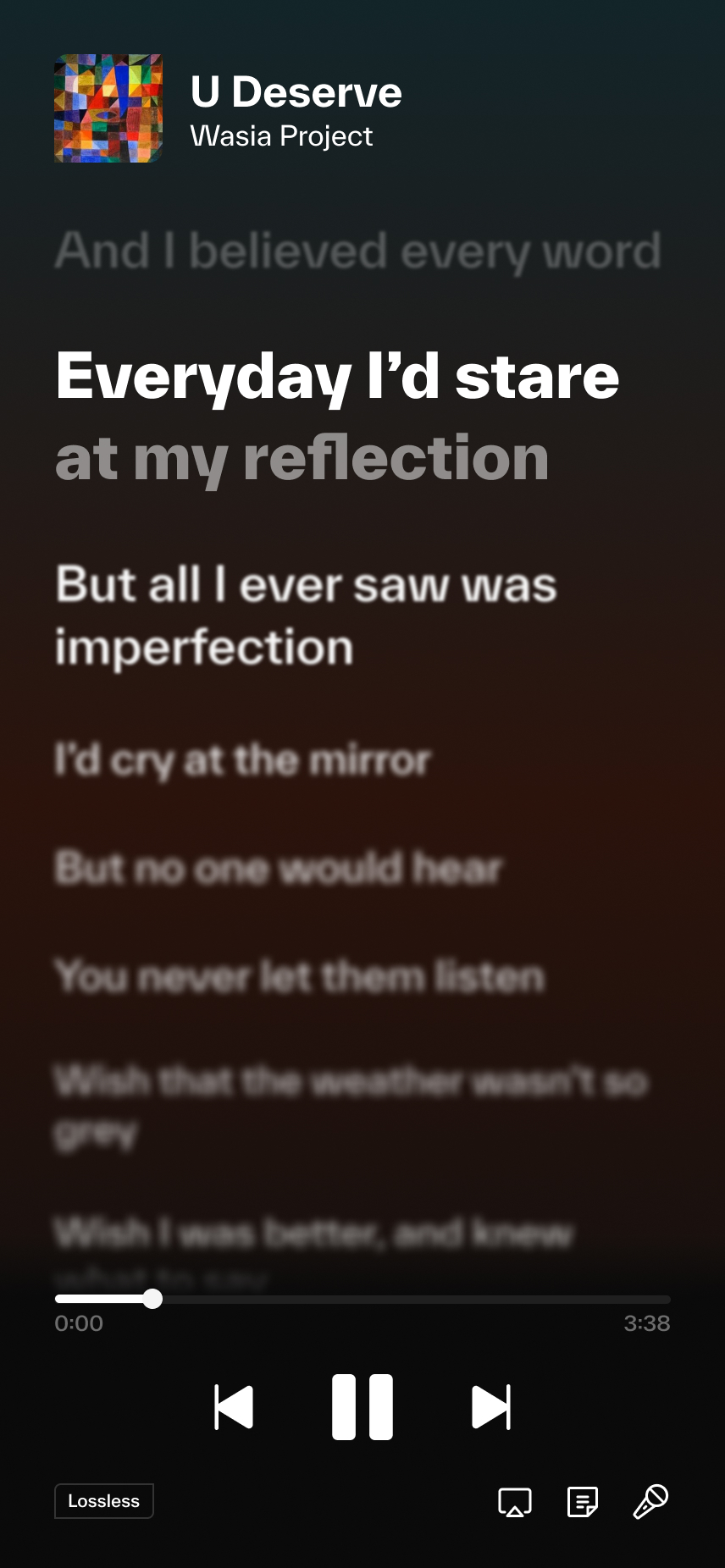 The lyrics screen, displaying time-synced lyrics which automatically scroll as the song plays.