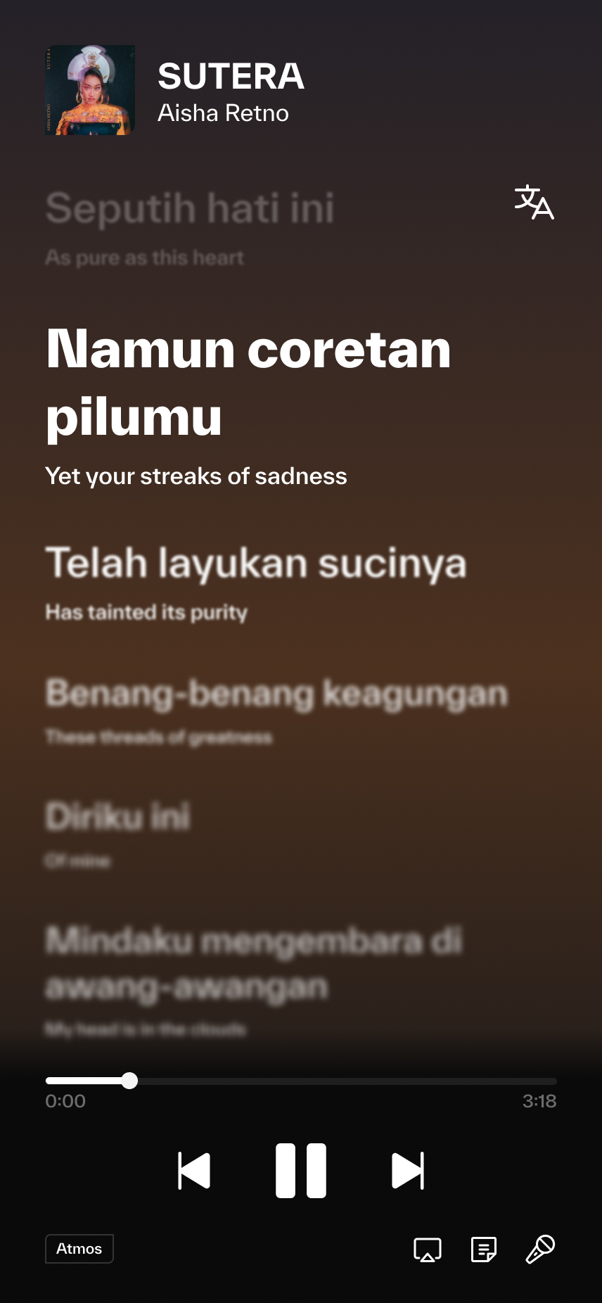 The lyrics screen, with translations converting the source language to English.